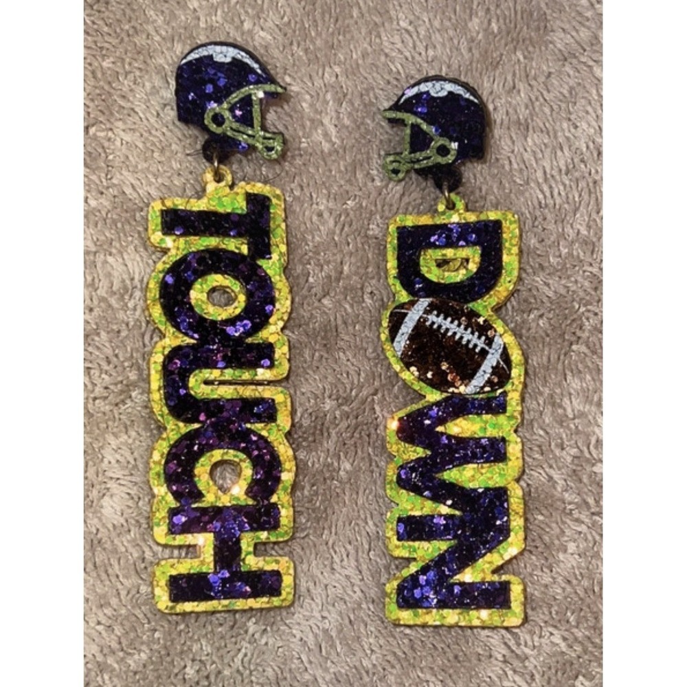 LSU Tigers Touch Down Glitter Dangle Earrings Purple Gold Football Game Day